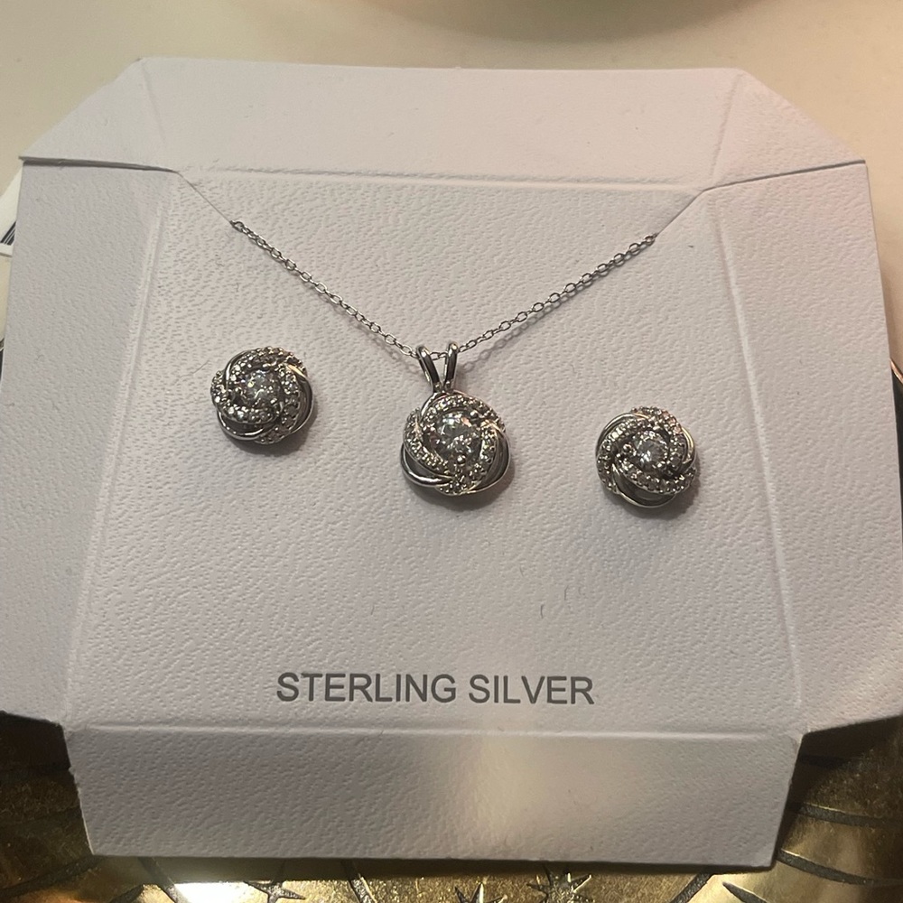 Sterling Silver Rose Necklace and Earrings Set